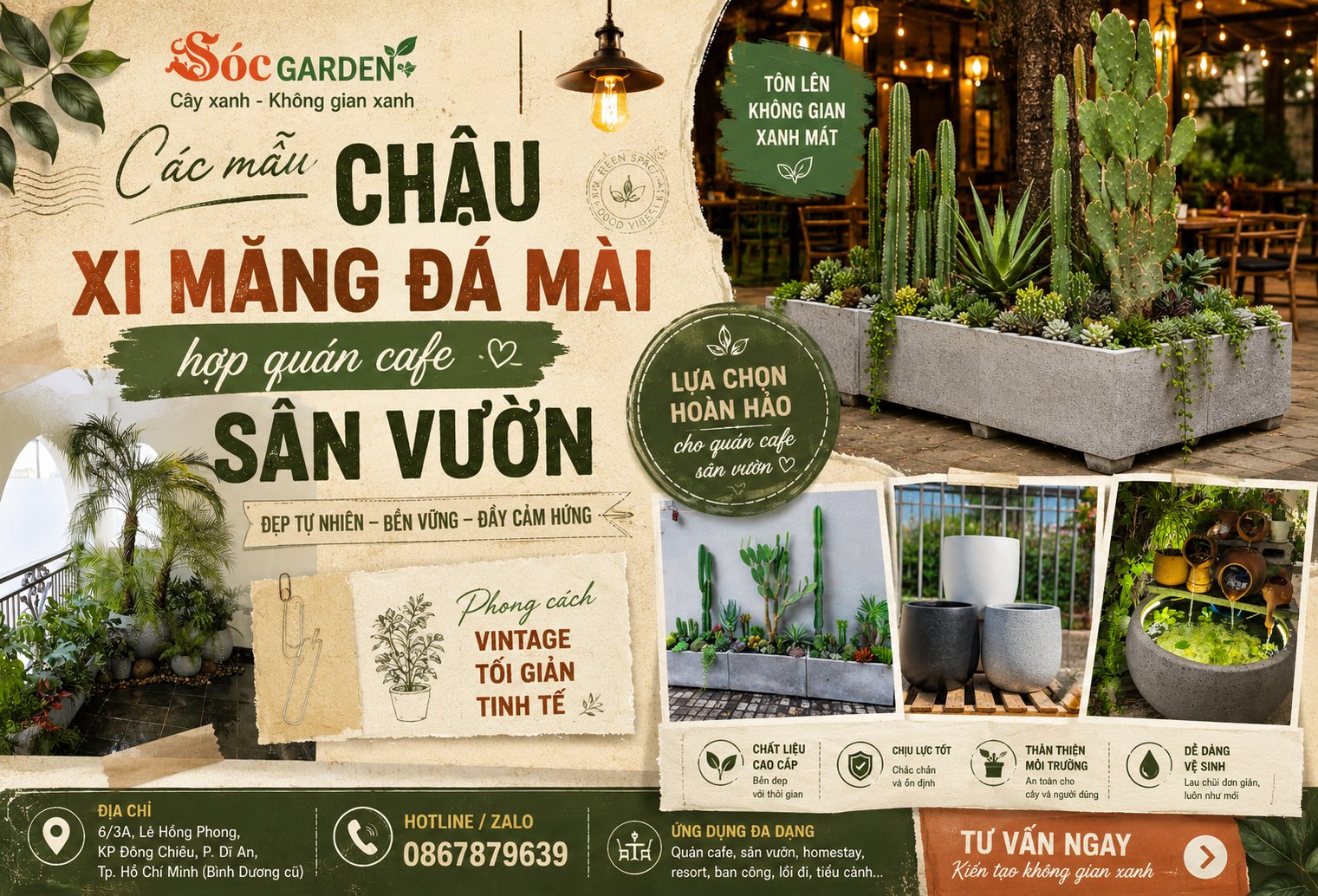 Mẫu chậu xi măng đá mài hợp quán cafe sân vườn