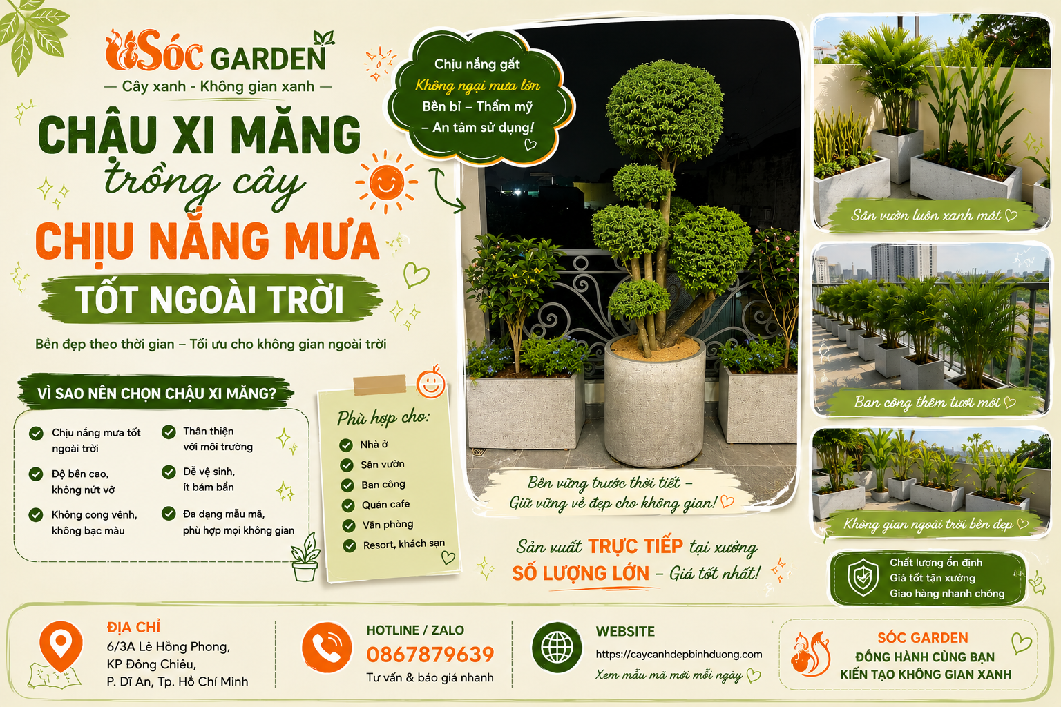 Chậu xi măng trồng cây chịu nắng mưa tốt ngoài trời