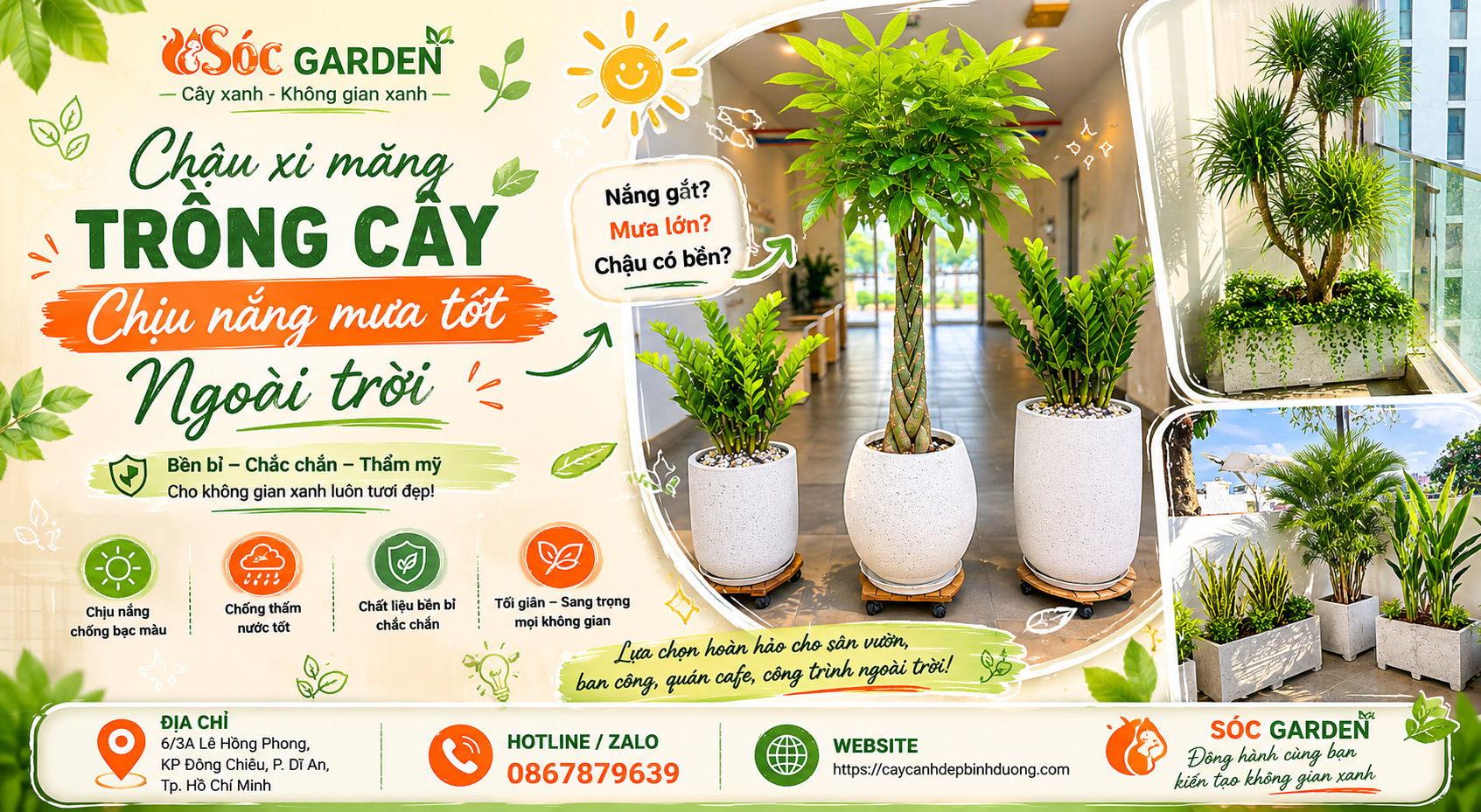 Chậu xi măng trồng cây chịu nắng mưa tốt ngoài trời