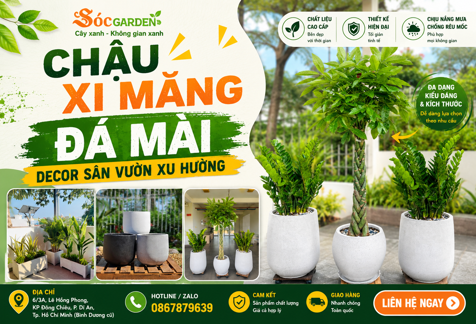 Chậu xi măng đá mài decor sân vườn xu hướng
