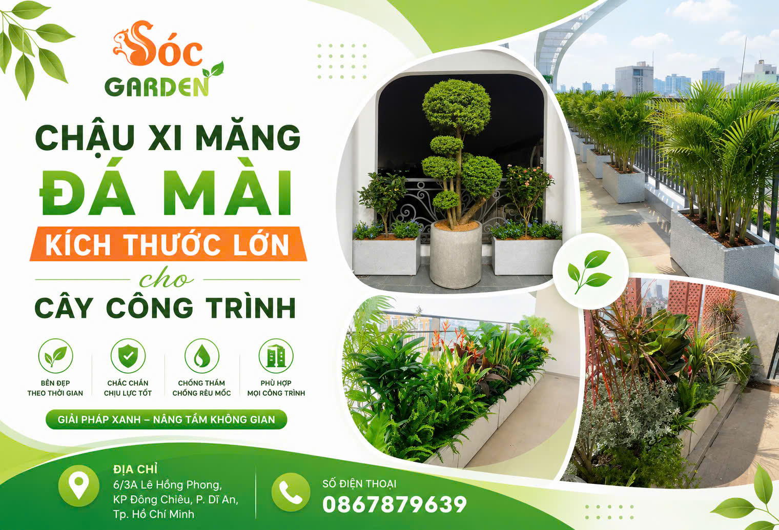 Chậu xi măng đá mài lớn cho cây công trình