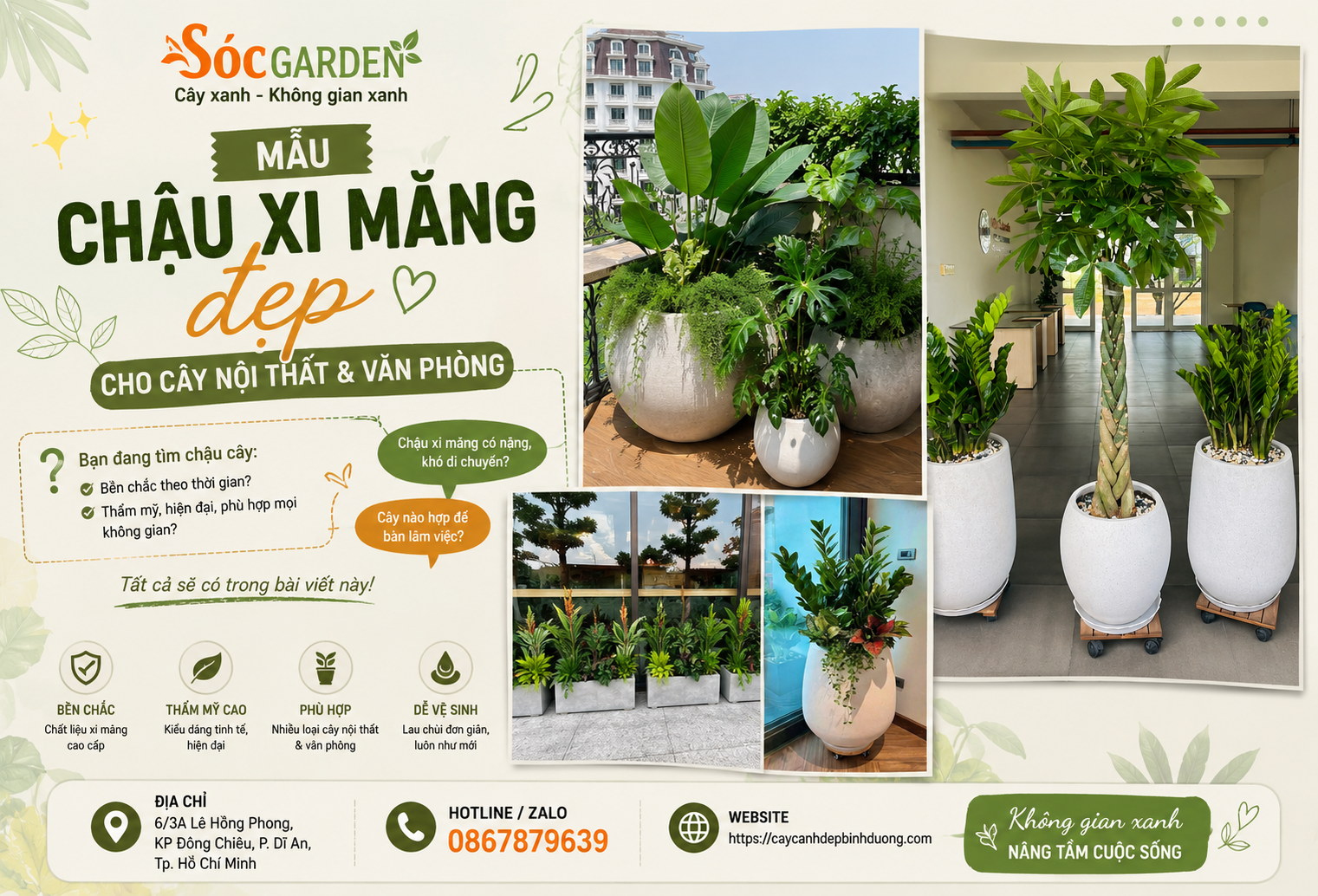 Mẫu chậu xi măng đẹp cho cây nội thất và văn phòng
