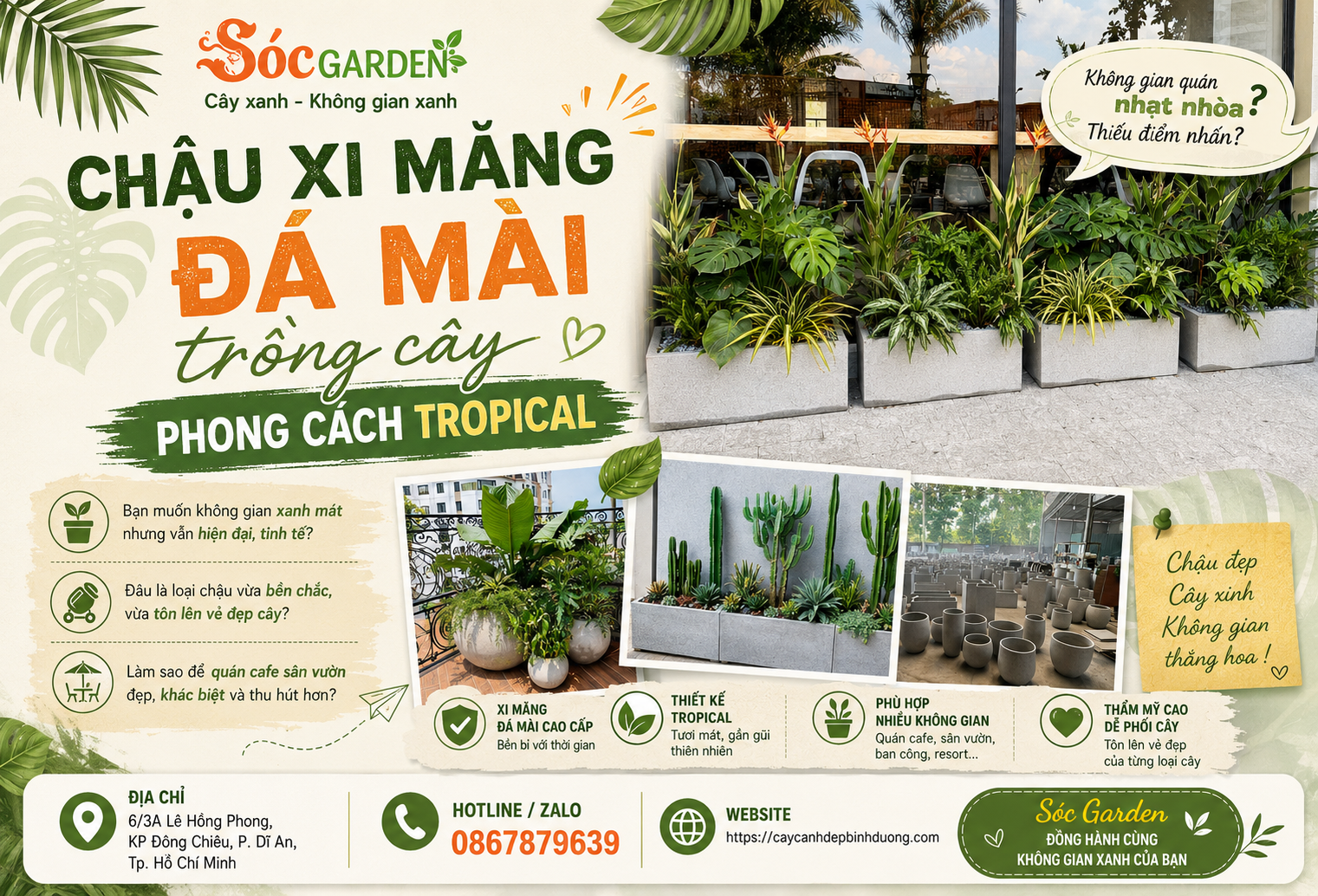 Chậu xi măng đá mài trồng cây phong cách tropical 