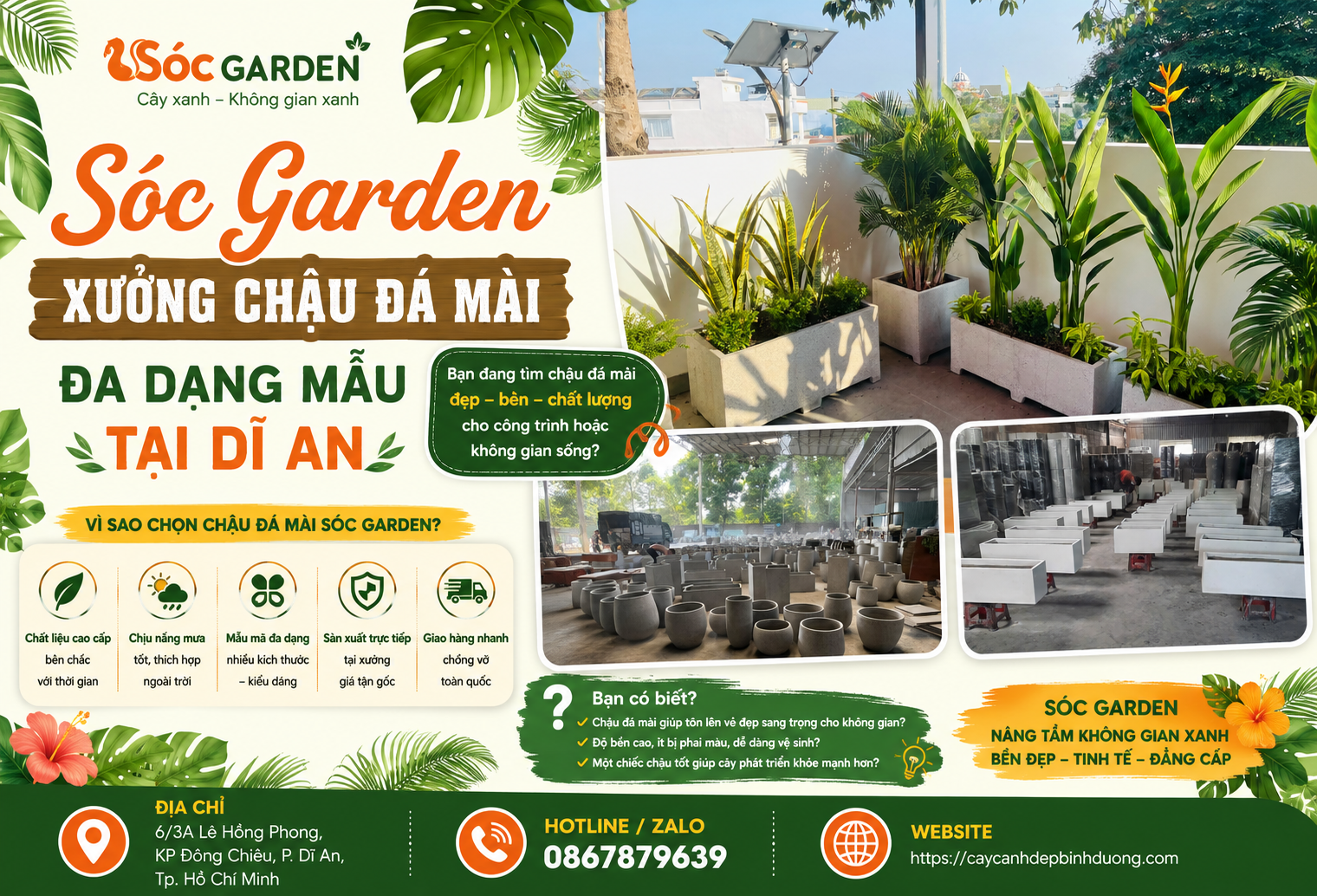 Sóc Garden–xưởng chậu đá mài đa dạng mẫu tại Dĩ An