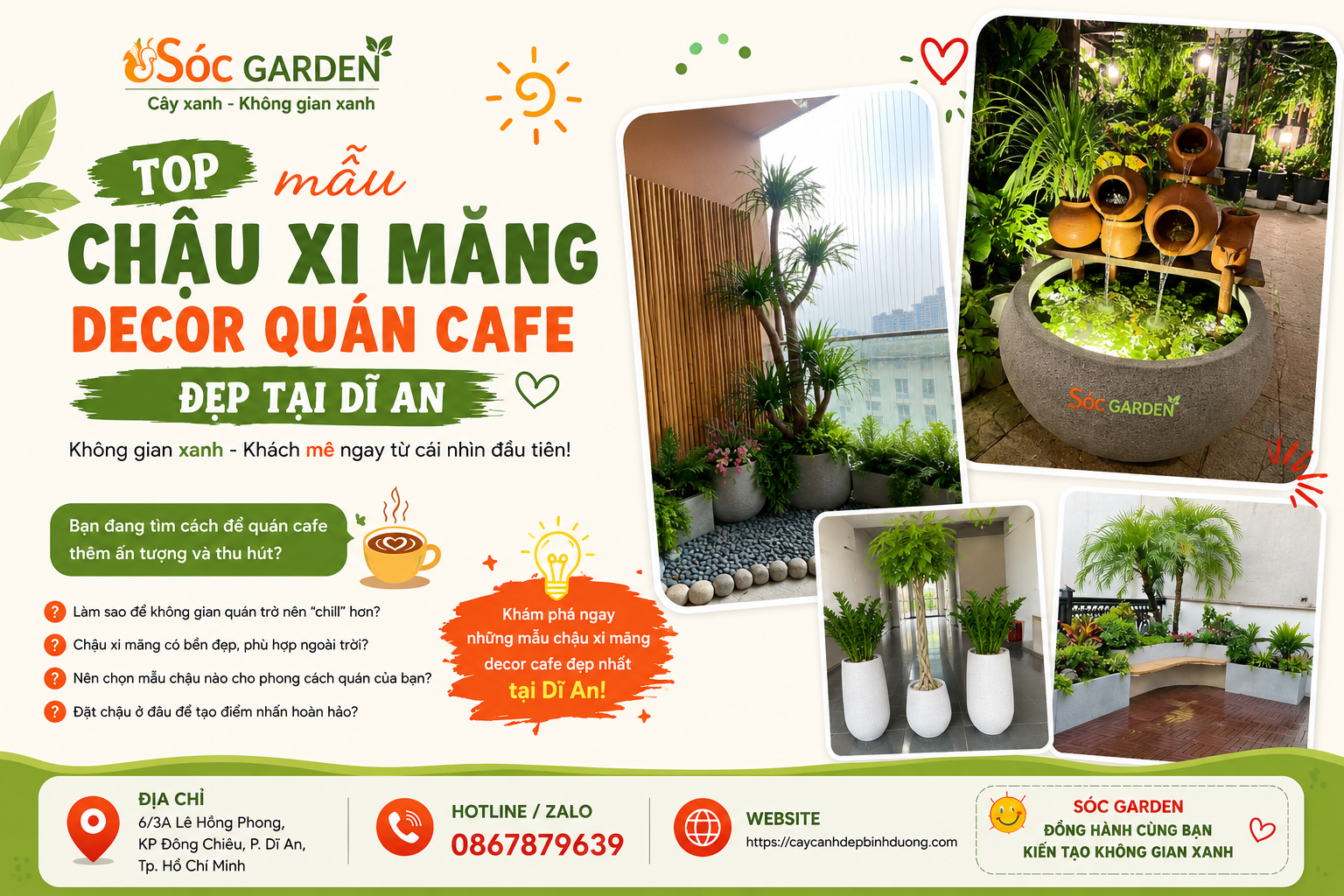 Top mẫu chậu xi măng decor quán cafe đẹp tại Dĩ An