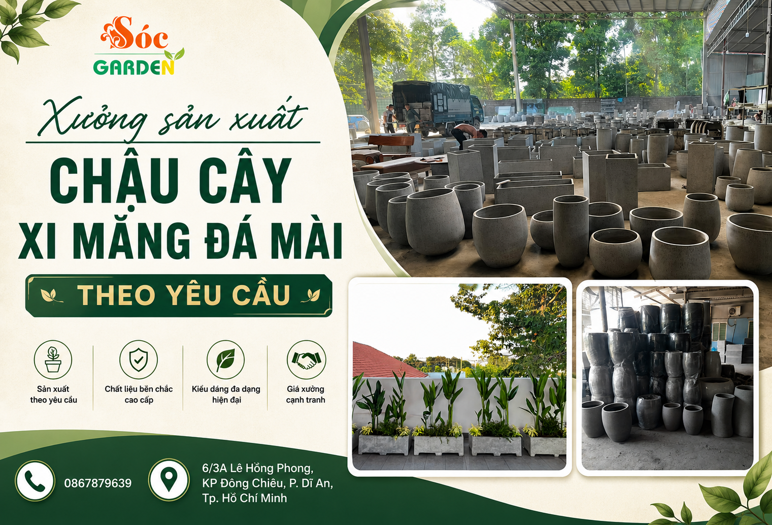 Xưởng sản xuất chậu cây xi măng đá mài theo yêu cầu