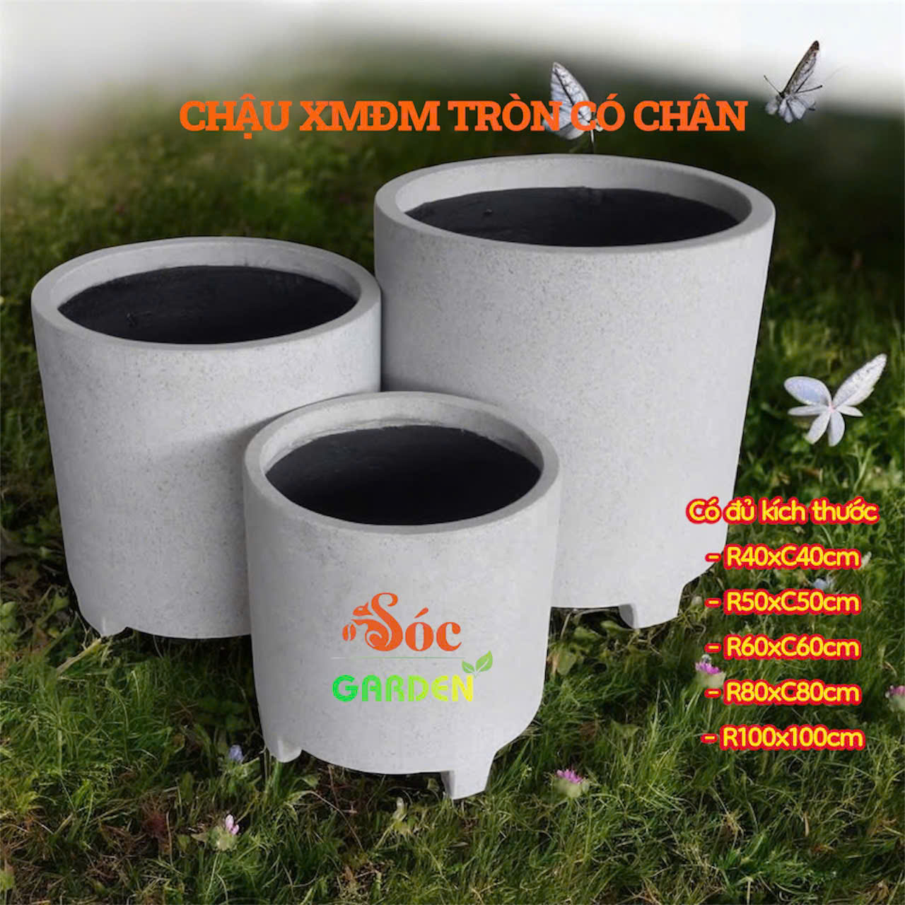 Chậu Xi Măng Đá Mài Tròn có chân 50x50cm