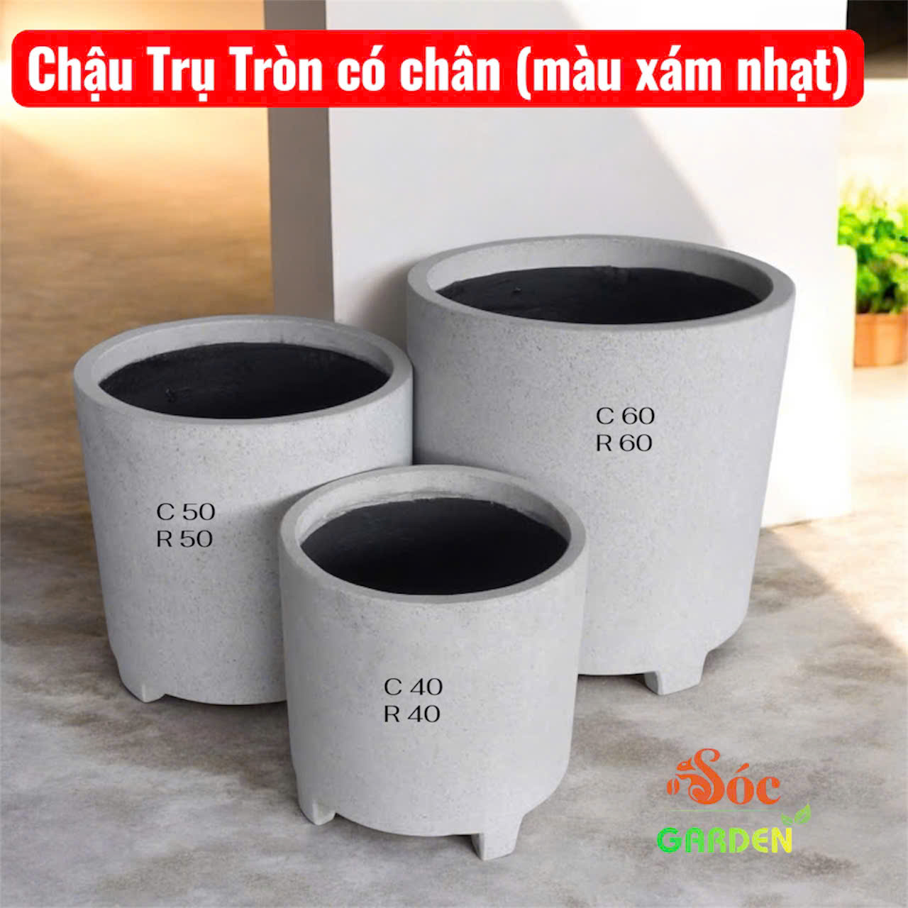 Chậu Xi Măng Đá Mài Tròn có chân 40x40cm.