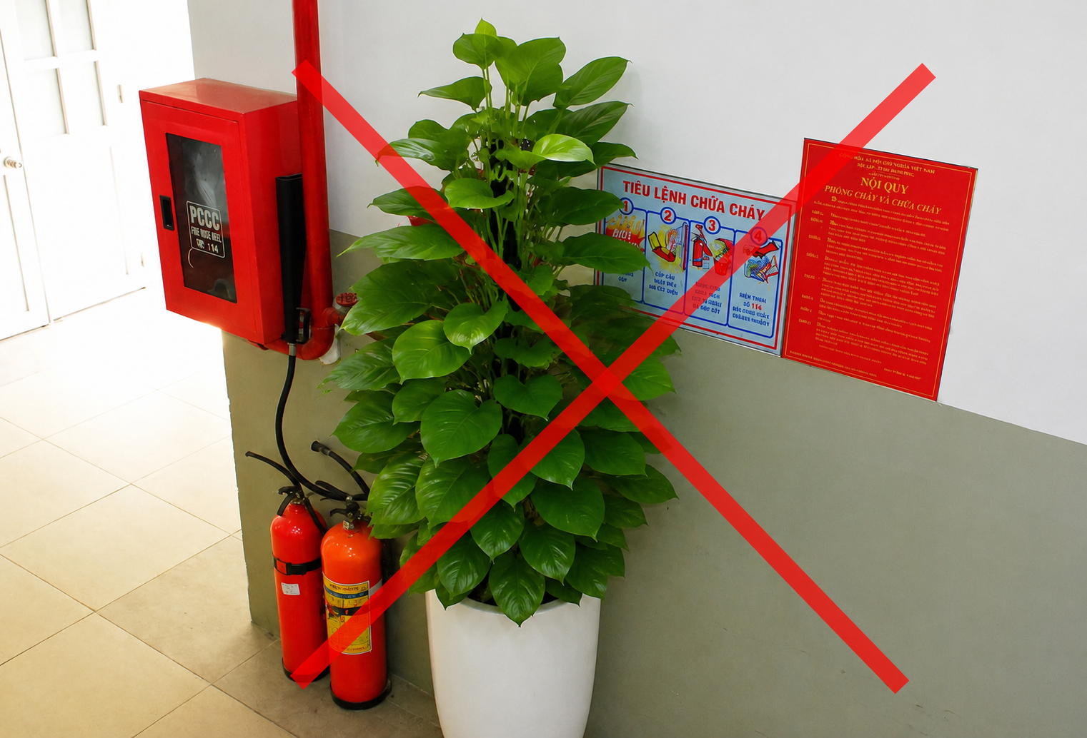 Vị trí che khuất tầm nhìn bảng hiệu, lối thoát hiểm, thiết bị PCCC