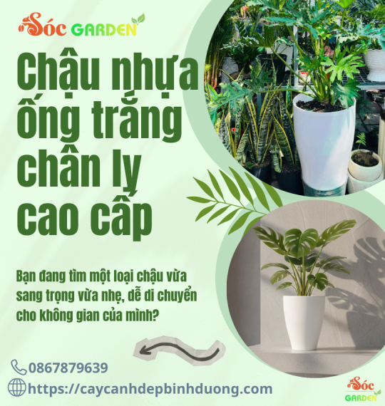 Chậu nhựa ống trắng Chân ly cao cấp 34,5x47 cm